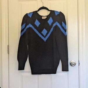 Vtg Sweater Black Blue Diamond Geometric Lambswool Blend Sz M Cozy Bold Mod EUC